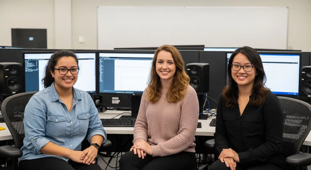 Three communications students seated in a university media lab, smiling at the camera with computer workstations, monitors, and audio equipment behind them.