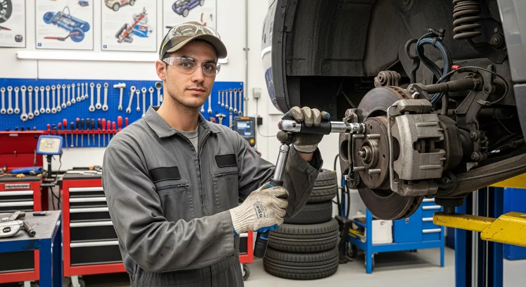 Student automotive technician wearing safety glasses and gloves uses a torque wrench to tighten a brake component on a vehicle lifted in a training workshop, with tools and equipment visible in the background.