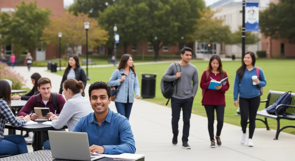 Undergraduate students studying and walking across a university campus, with one student working on a laptop at an outdoor table while others walk along a pathway nearby.